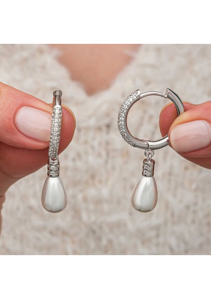 Gümüş Zirkon Taşlı Sallantılı Damla Inci Küpe (BC-C065C3)