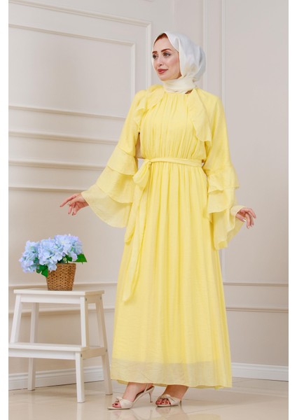 Fırfır Detaylı Lora Elbise-Sarı