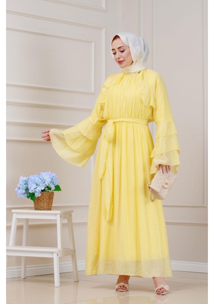 Fırfır Detaylı Lora Elbise-Sarı fiyatları