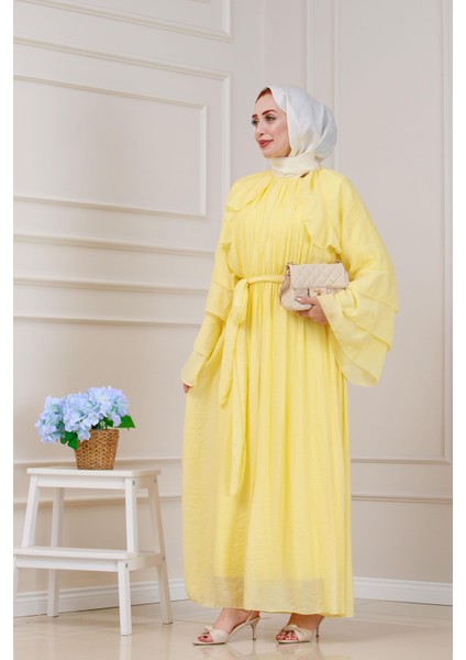 Fırfır Detaylı Lora Elbise-Sarı modelleri