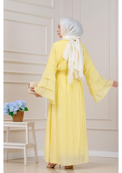 Fırfır Detaylı Lora Elbise-Sarı indirimleri