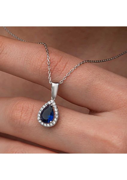 Gümüş Mavi Taşlı Damla Kadın Kolye (BC-6A0A4B)