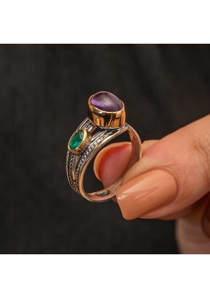 Gümüş Ametist Taşlı Zümrüt Otantik Ayarlanabilir Kadın Yüzük (BC-A62BB7)