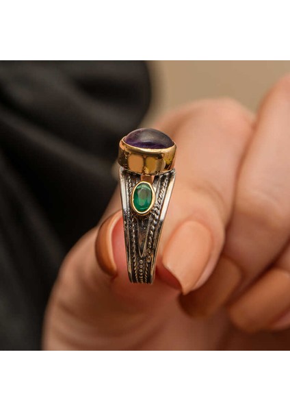 Gümüş Ametist Taşlı Zümrüt Otantik Ayarlanabilir Kadın Yüzük (BC-A62BB7) fiyatları