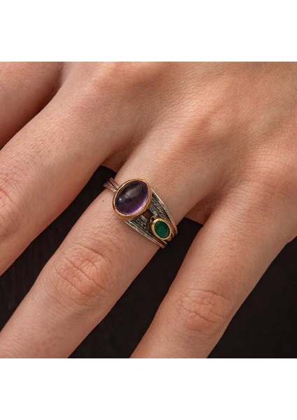 Gümüş Ametist Taşlı Zümrüt Otantik Ayarlanabilir Kadın Yüzük (BC-A62BB7) modelleri