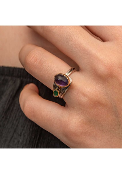 Gümüş Ametist Taşlı Zümrüt Otantik Ayarlanabilir Kadın Yüzük (BC-A62BB7) fırsatları