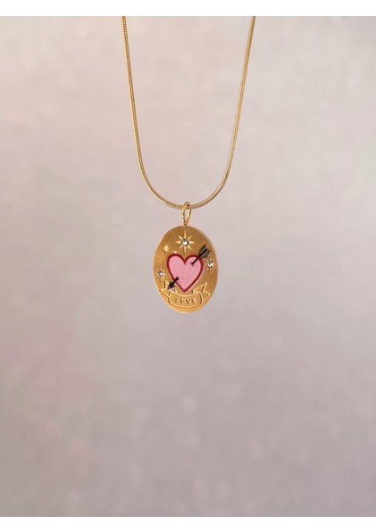 Kadın Çelik Gold Kalp Motifli Vintage Kolye