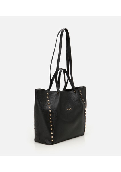 03CAH309190A100 KADIN Deri Siyah Zımba Detaylı Tote Çanta