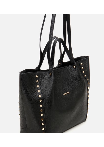 03CAH309190A100 KADIN Deri Siyah Zımba Detaylı Tote Çanta