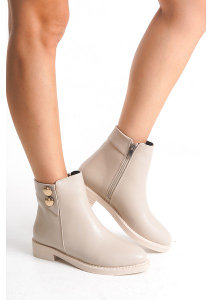 Alçak Taban Fermuarlı Çift Gold Düğme Detaylı Kısa Kadın Bot Bootie modelleri