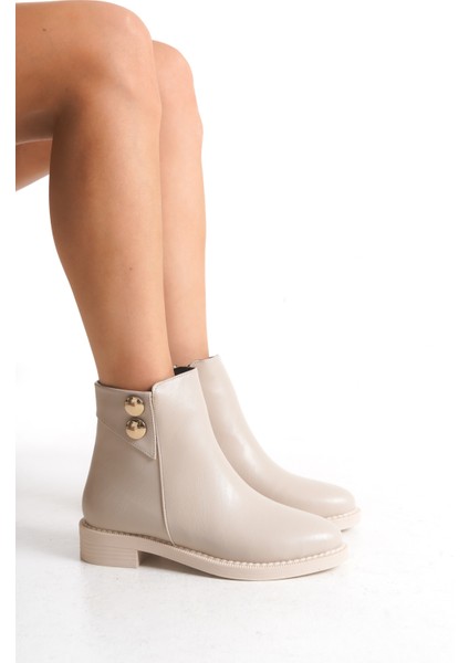 Alçak Taban Fermuarlı Çift Gold Düğme Detaylı Kısa Kadın Bot Bootie fırsatları