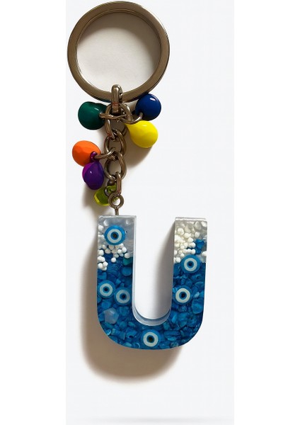 Epoksi Harf Anahtarlık – U Harfi, Nazar Boncuklu ve Renkli Charm Detaylı