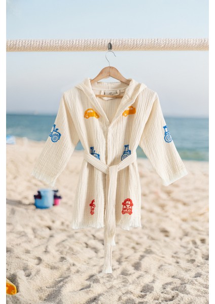 %100 Organik, El Işçiliği Taş Baskı Çocuk Bornozu - Trafik