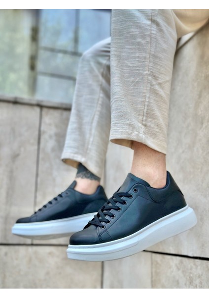 ET0547 Kalın Yüksek Taban Siyah Beyaz Bağcıklı Spor Erkek Ayakkabı