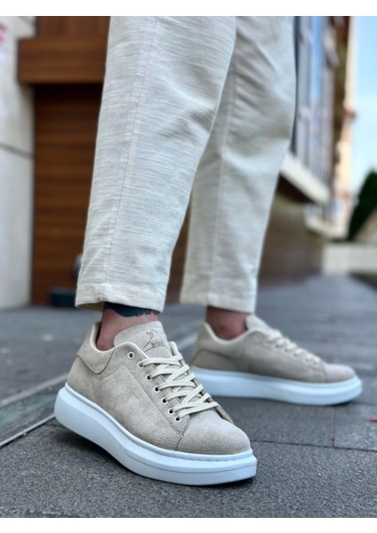 ET0547 Kalın Yüksek Taban Krem Süet Bağcıklı Spor Erkek Ayakkabı
