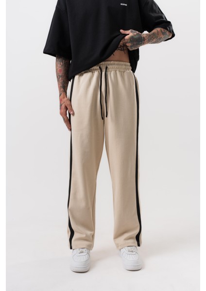 Erkek 2'li Şerit Detaylı Interlok Baggy Eşofman Altı Bej