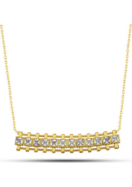 Gümüş Gold Zirkon Taşlı Kare Bar Kadın Kolye (BC-8715BA)