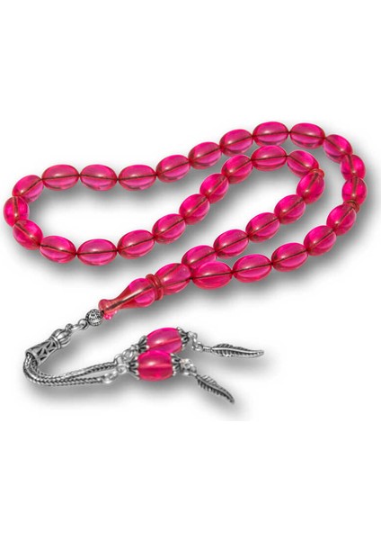 Gümüş Püsküllü Pembe Ateş Kehribar Tesbih (BC-CF2D1D)