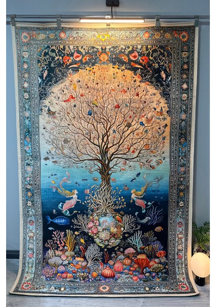 Mercan ve Deniz Kızı Figürlü Dekoratif Halı Desenli Yumuşak Dokulu Pamuk Yatak Odası Salon Halısı