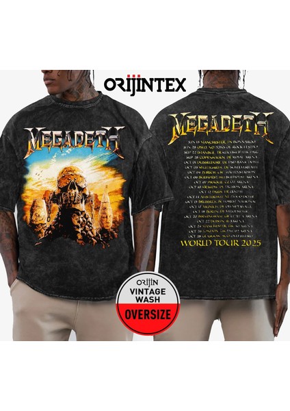 Megadeth Concert World Tour 2025 Ön Arka Baskılı Yıkamalı Oversize Vintage Tshirt