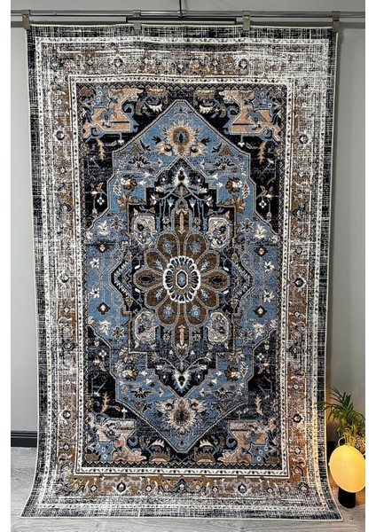 Modern Klasik Desenli Mavi Kahverengi Vintage Halı Pamuk Taban Salon ve Yatak Odası Halısı MARS2243