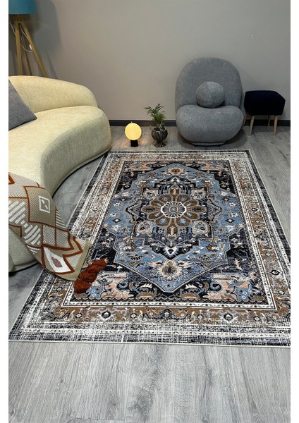 Modern Klasik Desenli Mavi Kahverengi Vintage Halı Pamuk Taban Salon ve Yatak Odası Halısı MARS2243