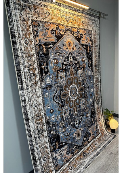 Modern Klasik Desenli Mavi Kahverengi Vintage Halı Pamuk Taban Salon ve Yatak Odası Halısı MARS2243