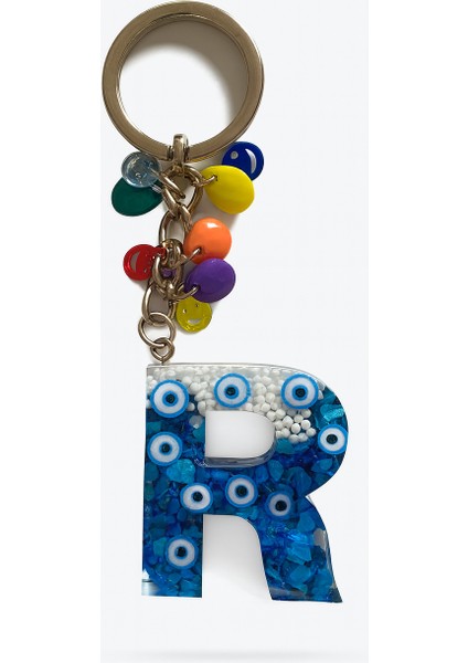 Epoksi Harf Anahtarlık – R Harfi, Nazar Boncuklu ve Renkli Charm Detaylı