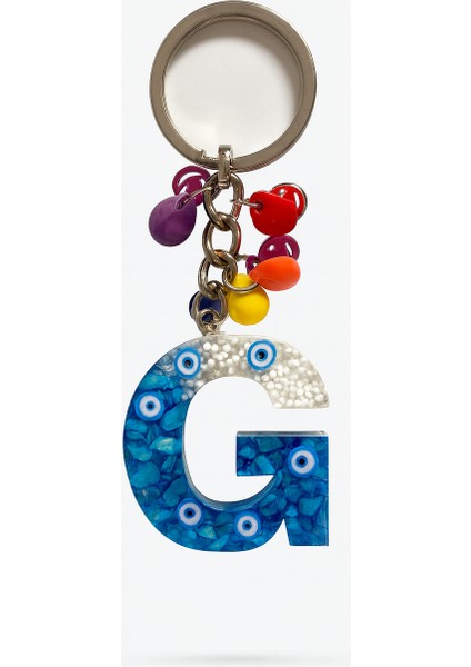 Epoksi Harf Anahtarlık – G Harfi, Nazar Boncuklu ve Renkli Charm Detaylı