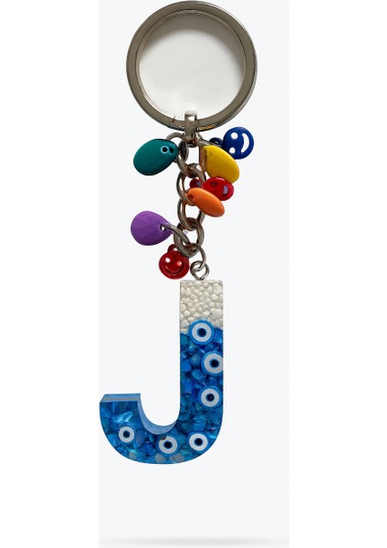 Epoksi Harf Anahtarlık – J Harfi, Nazar Boncuklu ve Renkli Charm Detaylı