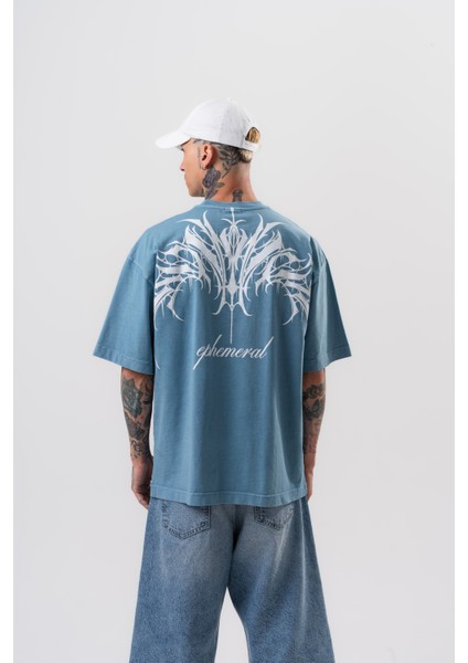 Erkek Ephemeral Baskılı Yıkamalı Oversize T-Shirt Mavi