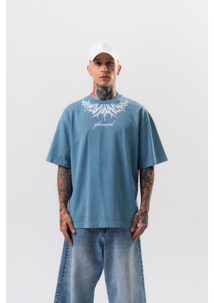 Erkek Ephemeral Baskılı Yıkamalı Oversize T-Shirt Mavi fiyatları