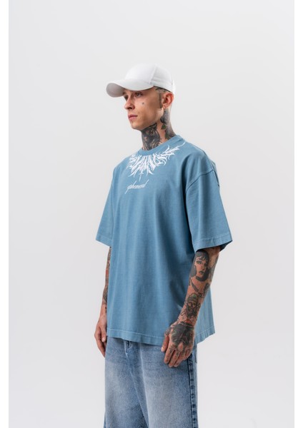 Erkek Ephemeral Baskılı Yıkamalı Oversize T-Shirt Mavi modelleri