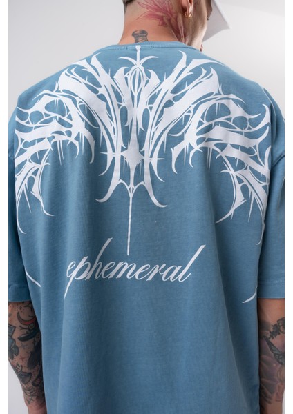Erkek Ephemeral Baskılı Yıkamalı Oversize T-Shirt Mavi fırsatları