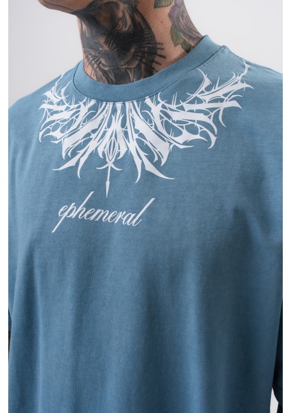 Erkek Ephemeral Baskılı Yıkamalı Oversize T-Shirt Mavi indirimleri