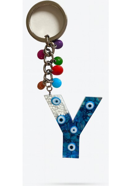 Epoksi Harf Anahtarlık – Y Harfi, Nazar Boncuklu ve Renkli Charm Detaylı