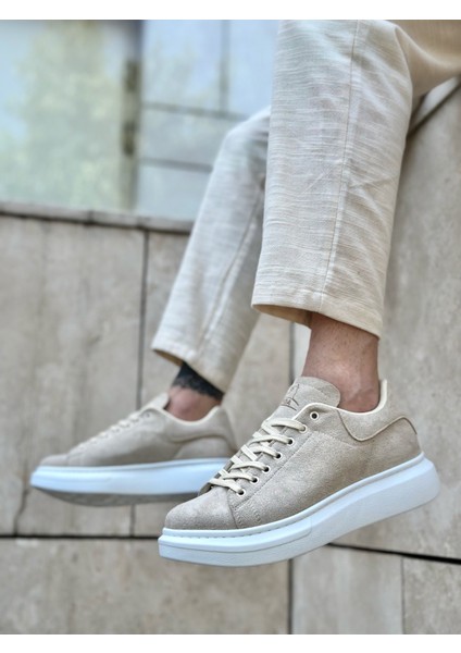 ET0547 Kalın Yüksek Taban Krem Süet Bağcıklı Spor Erkek Ayakkabı