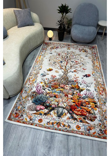 Mercan ve Ağaç Desenli Yumuşak Dokulu, Pamuk Taban, Yatak Odası & Salon Halısı MARS276 fiyatları