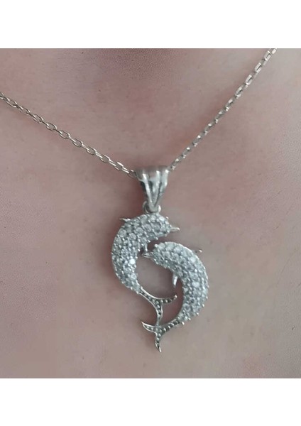 Gümüş Çift Yunus Balığı Kadın Kolye (BC-73A373)