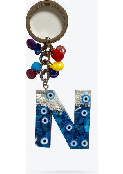 Epoksi Harf Anahtarlık – N Harfi, Nazar Boncuklu ve Renkli Charm Detaylı