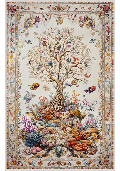 Mercan ve Ağaç Desenli Yumuşak Dokulu, Pamuk Taban, Yatak Odası & Salon Halısı MARS276