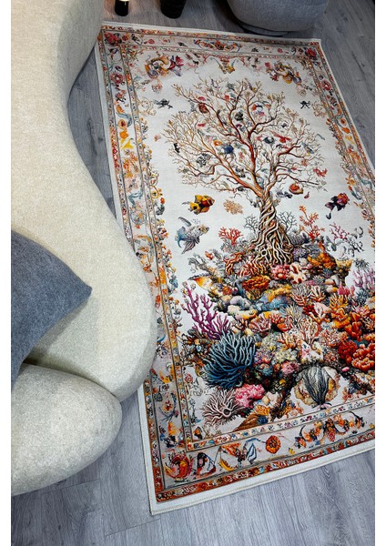 Mercan ve Ağaç Desenli Yumuşak Dokulu, Pamuk Taban, Yatak Odası & Salon Halısı MARS276