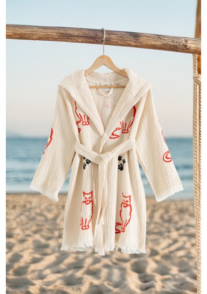 %100 Organik, El Işçiliği Taş Baskı Garson Boy Bornozu - Pisi