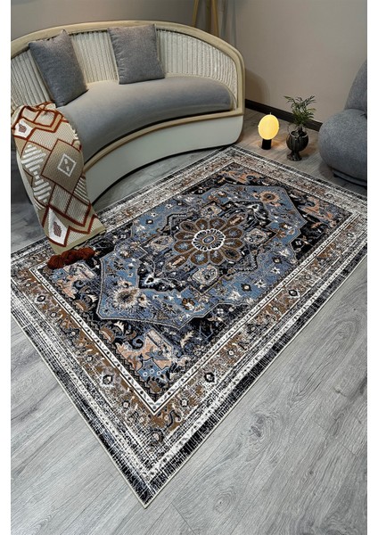 Modern Klasik Desenli Mavi Kahverengi Vintage Halı Pamuk Taban Salon ve Yatak Odası Halısı MARS2243 fiyatları