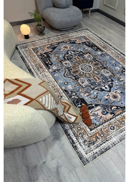 Modern Klasik Desenli Mavi Kahverengi Vintage Halı Pamuk Taban Salon ve Yatak Odası Halısı MARS2243 fırsatları