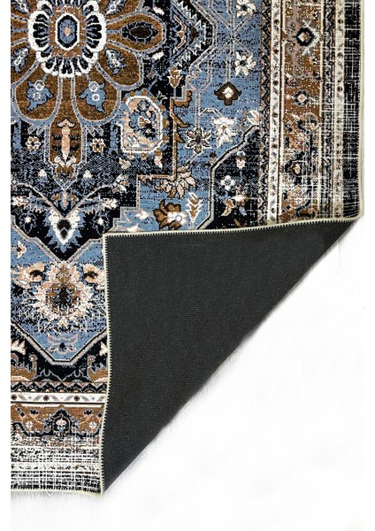 Modern Klasik Desenli Mavi Kahverengi Vintage Halı Pamuk Taban Salon ve Yatak Odası Halısı MARS2243