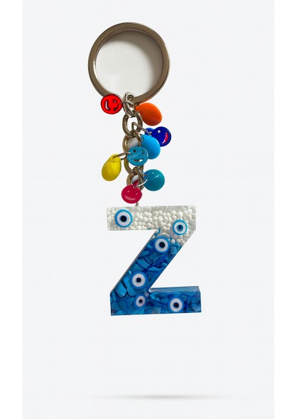 Epoksi Harf Anahtarlık – Z Harfi, Nazar Boncuklu ve Renkli Charm Detaylı