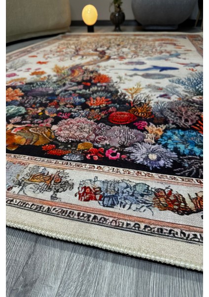 Mercan ve Ağaç Desenli Yumuşak Dokulu, Pamuk Taban, Yatak Odası & Salon Halısı MARS274 indirimleri