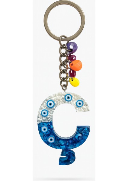 Epoksi Harf Anahtarlık – Ç Harfi, Nazar Boncuklu ve Renkli Charm Detaylı
