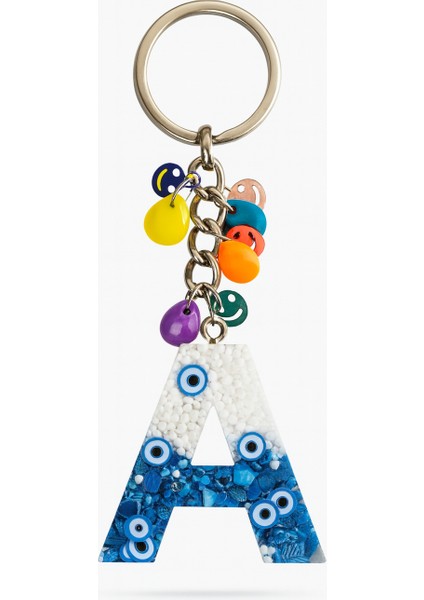 Epoksi Harf Anahtarlık – A Harfi, Nazar Boncuklu ve Renkli Charm Detaylı